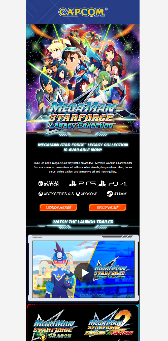Entertainment promotional HTML email, Capcom / Mega Man-inspired build preview